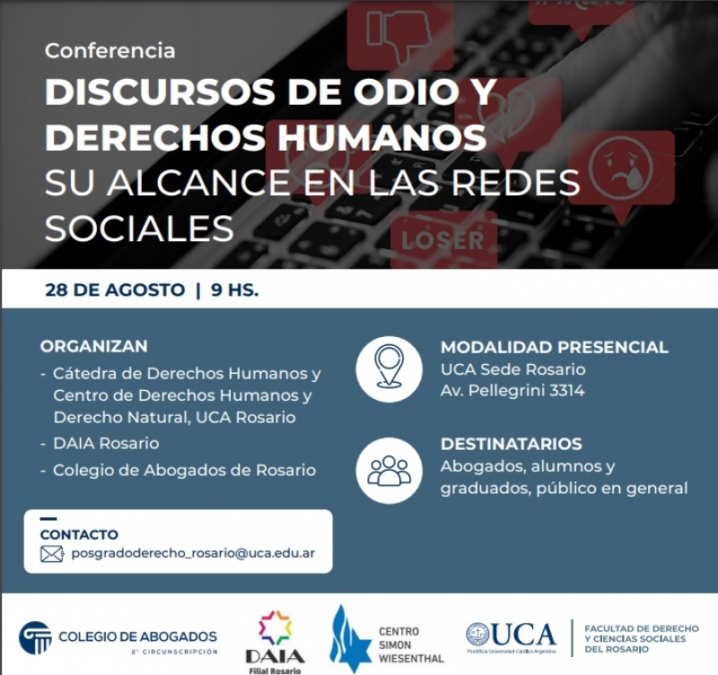 La Comisión de Derechos Humanos invita a: Conferencia DISCURSOS DE ODIO Y DERECHOS HUMANOS. SU ALCANCE EN LAS REDES SOCIALES - 28/08/2023